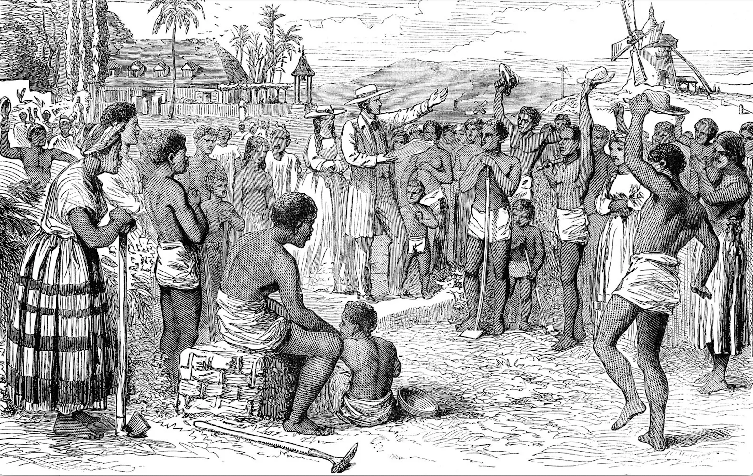 Enslaved persons on a West Indian plantation being freed after the Slavery Abolition Act (1833) is passed