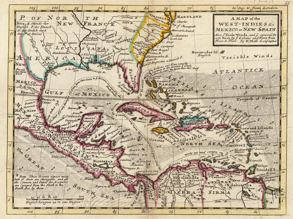 A 1736 map of the Caribbean islands showing European possessions