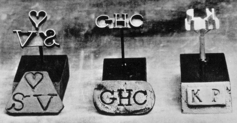Metal branding irons with slave-owners' initials used on African slaves in the Caribbean