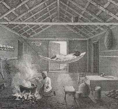 Drawing of the interior of a slave hut on Barbados, 1823