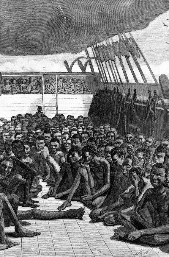 Hundreds of captive Africans crowded on a slave ship
