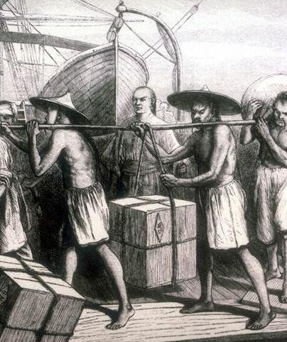 Chinese coolies unloading goods in Singapore, 1873