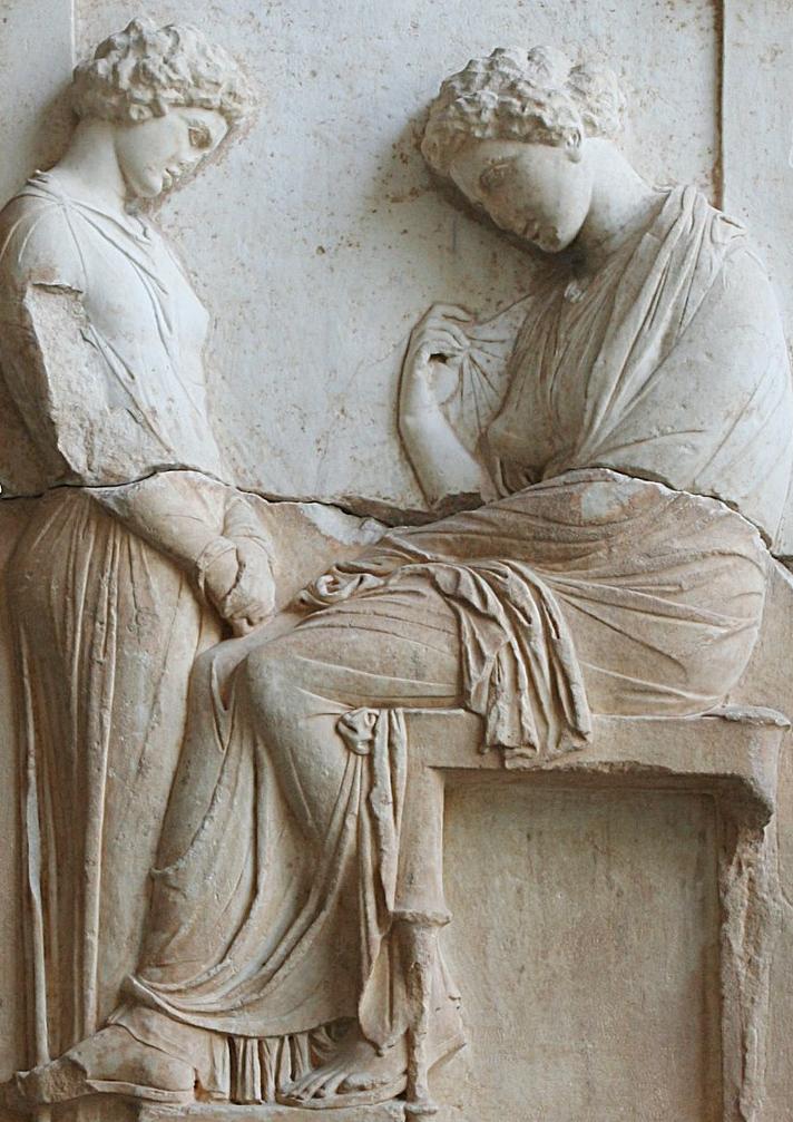 A young Athenian slave (left) faces her dead mistress