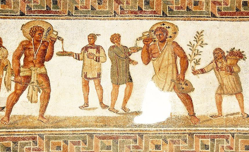 A Roman mosaic showing two slaves serving drinks from wine jars