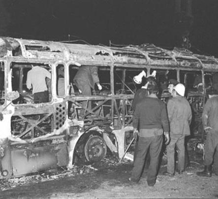 An Israeli bus, attacked by Palestinian terrorists in 1978