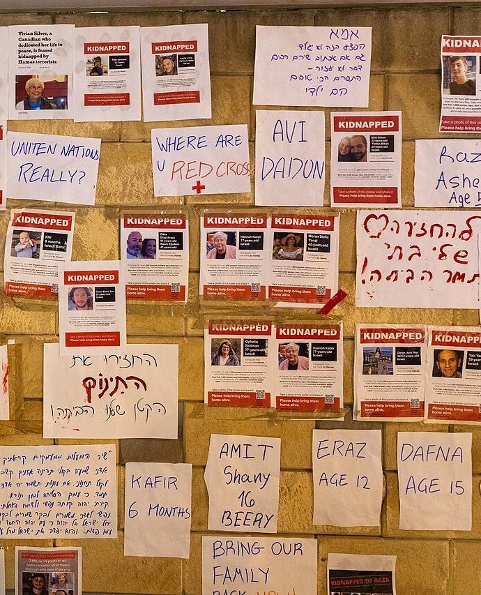 Posters calling for the return of Israeli hostages, Oct 2023