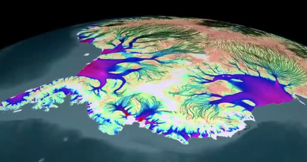 Animation showing ice streams flowing through the Antarctic ice sheet from the interior to the coast