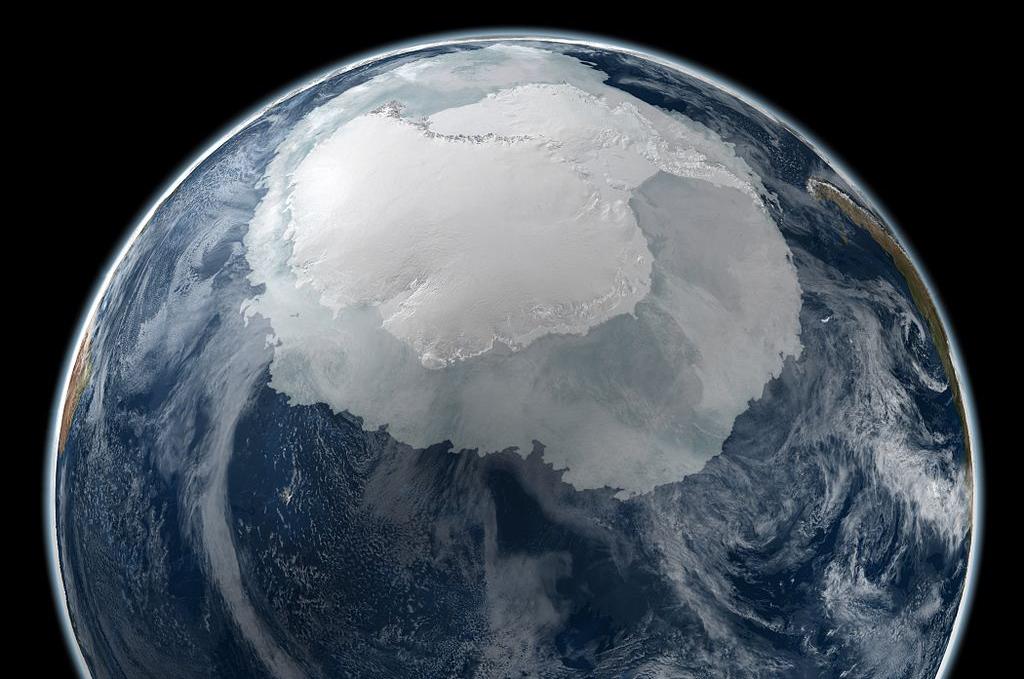 Sea ice (pictured at its maximum extent), ice shelves and permanent ice sheet