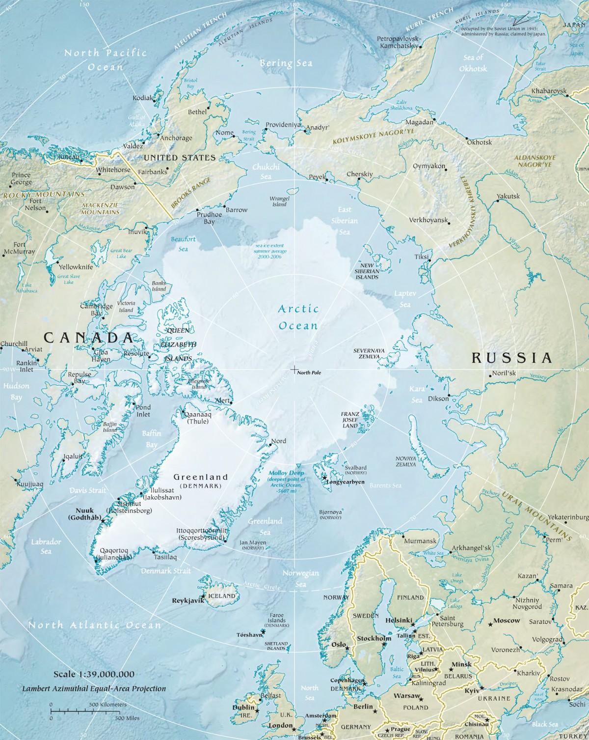 A map of the Arctic Ocean and surrounding lands