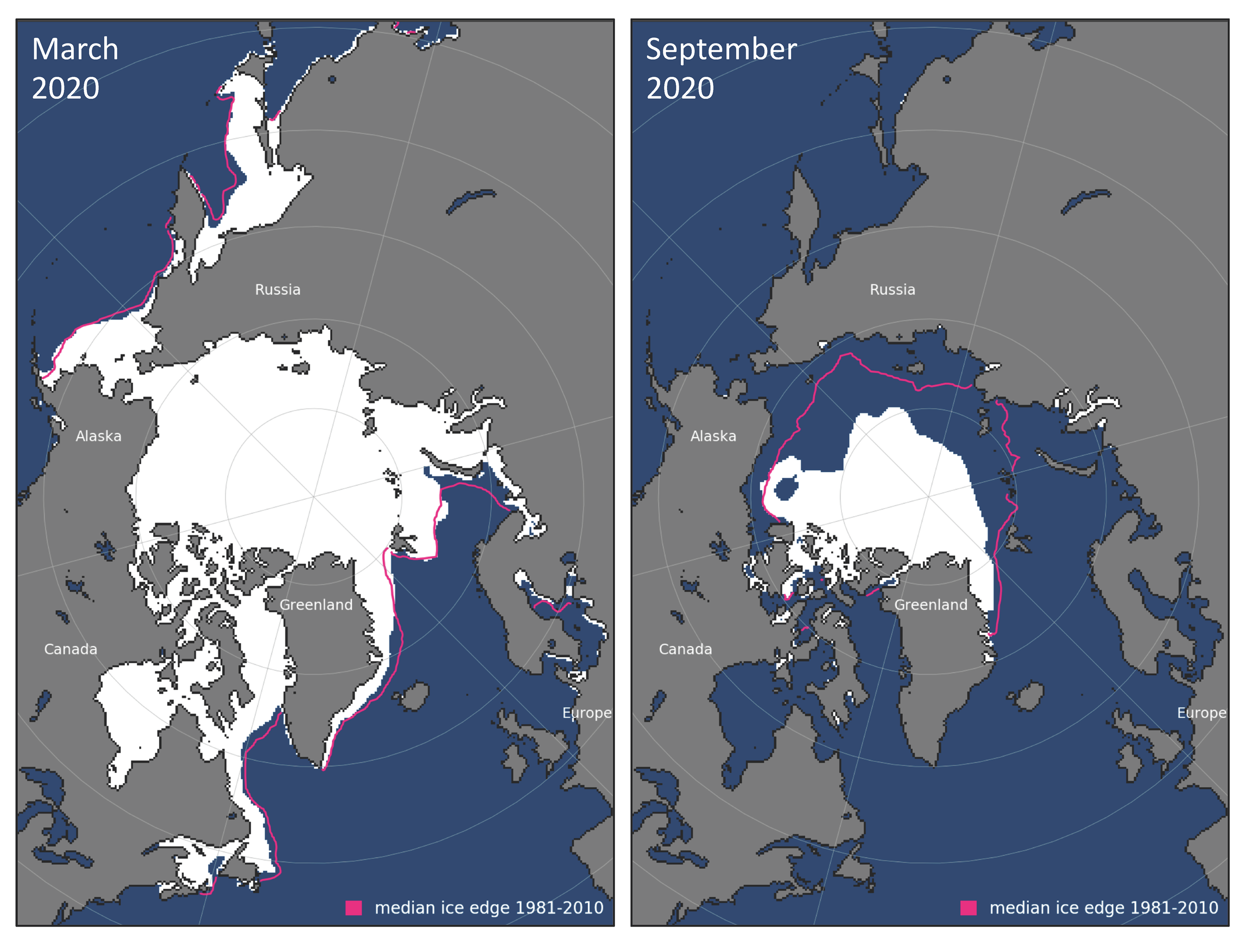 Monthly average sea ice extent map for March and September 2020 compared to the 1981–2010 average