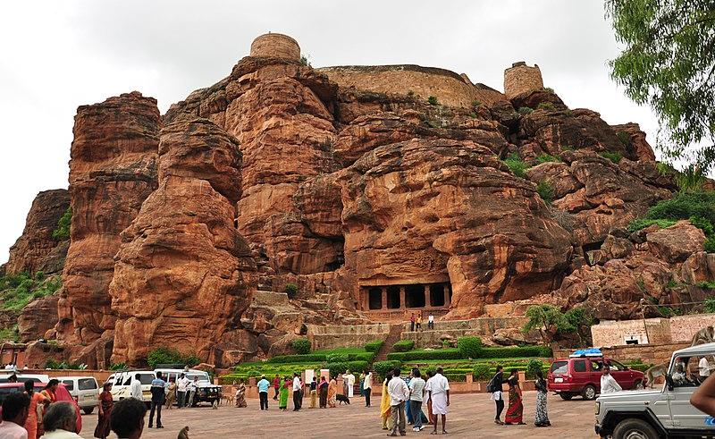 The Badami Hindu and Jain cave temples are cut out of a sandstone cliff in northern Karnataka.