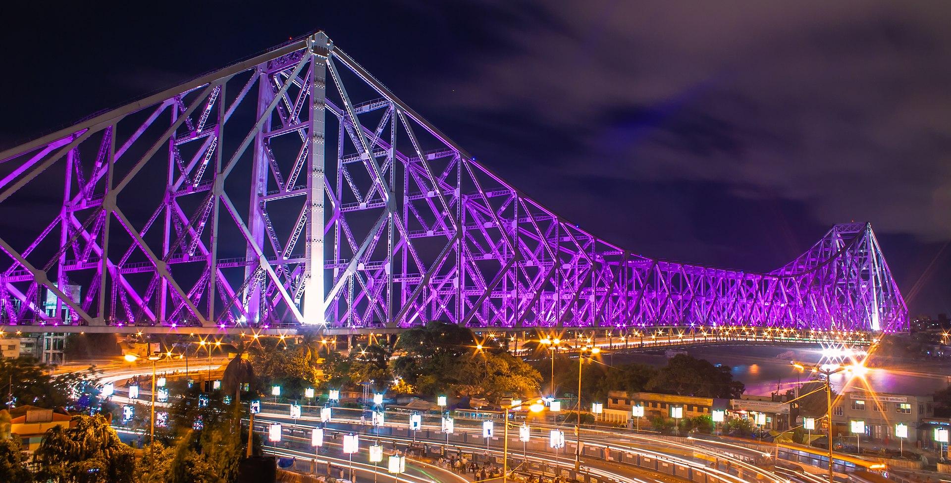 The Howrah Bridge, a cantilever bridge over the River Hooghly linking the cities of Howrah and Kolkata