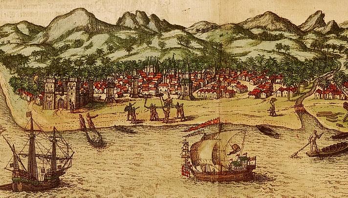 Boats and ships off the Malabar Coast at Calicut in 1572