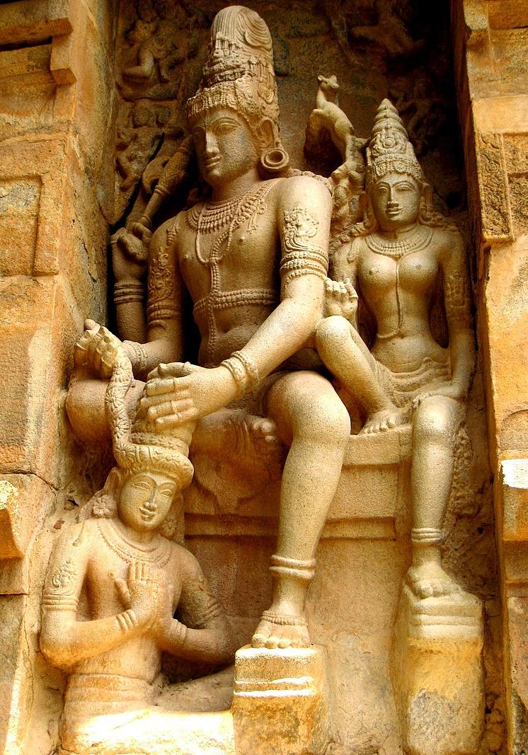 A sculpture showing Rajendra Chola being crowned by Shiva
