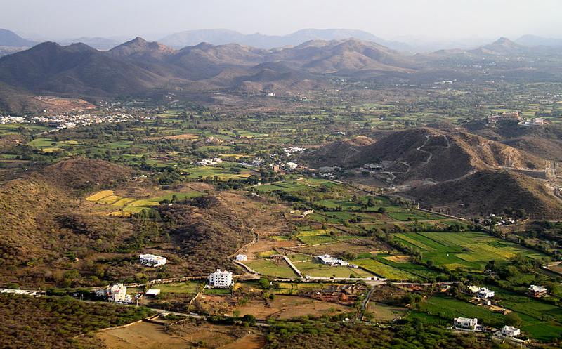 Lush farmland in the Aravalli mountain region of southern Rajasthan