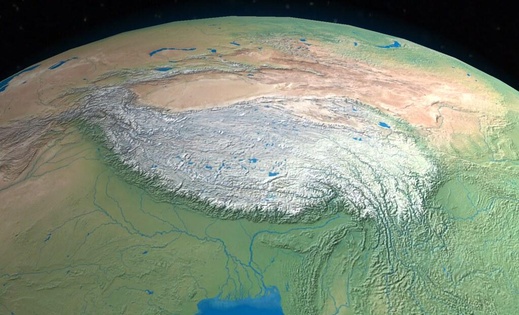 The curve of the Himalayas around the southern edge of the Tibetan Plateau