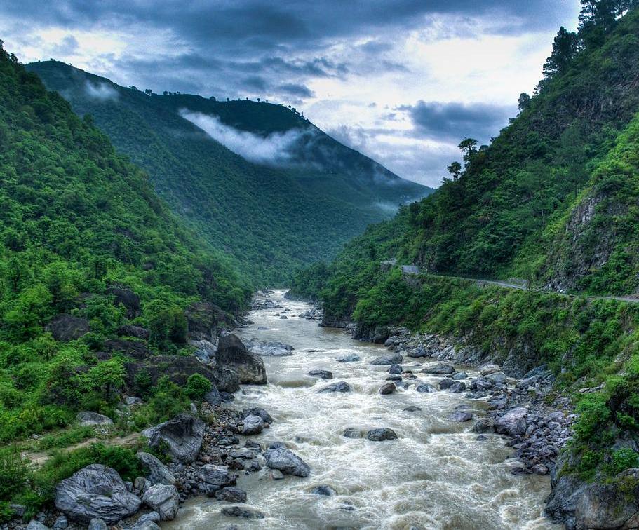The fast-flowing River Kosi in a mountain valley