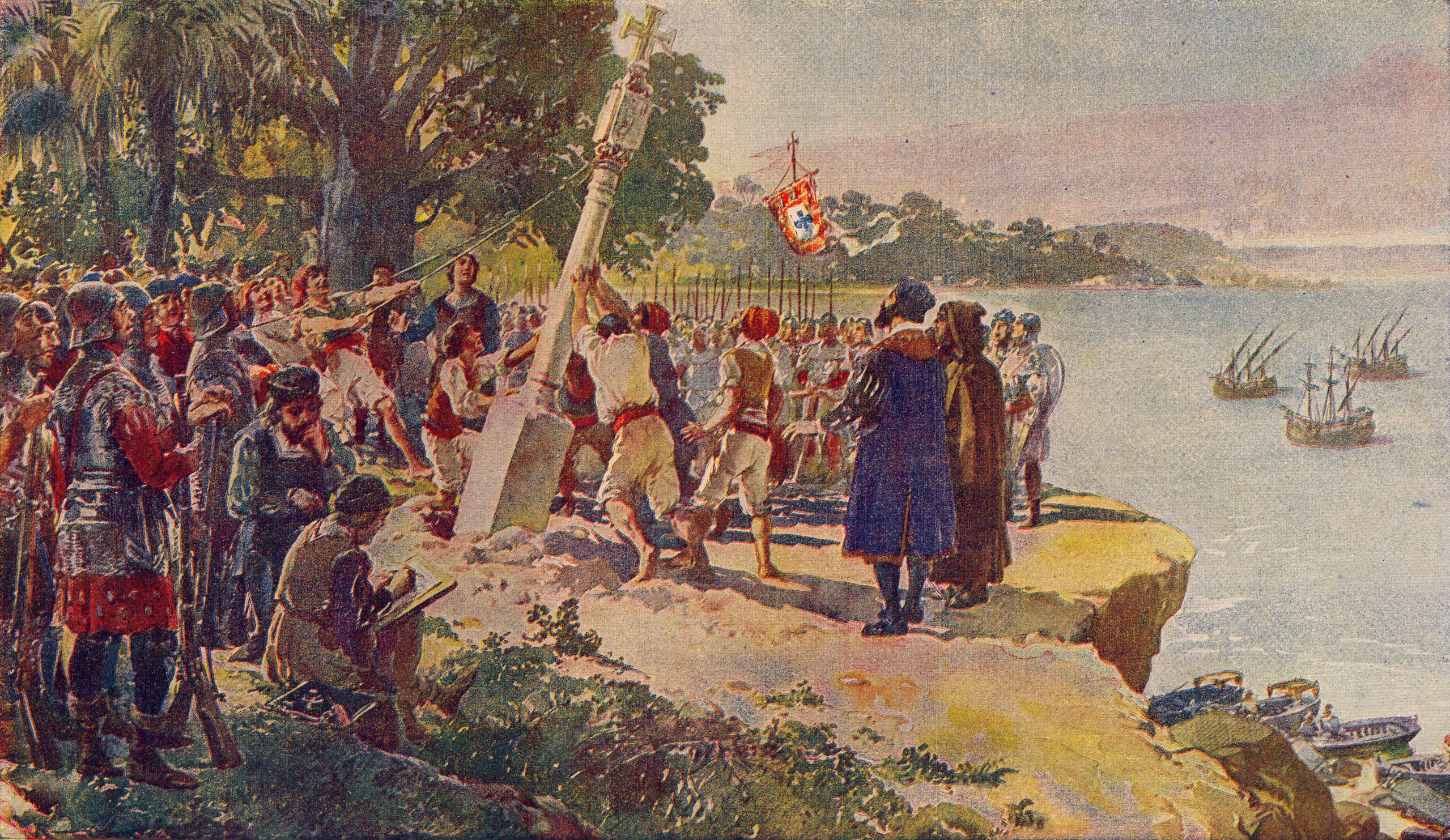The erection of a padrão (stone cross) by Portuguese explorer Diogo Cão at the mouth of the River Congo in 1482