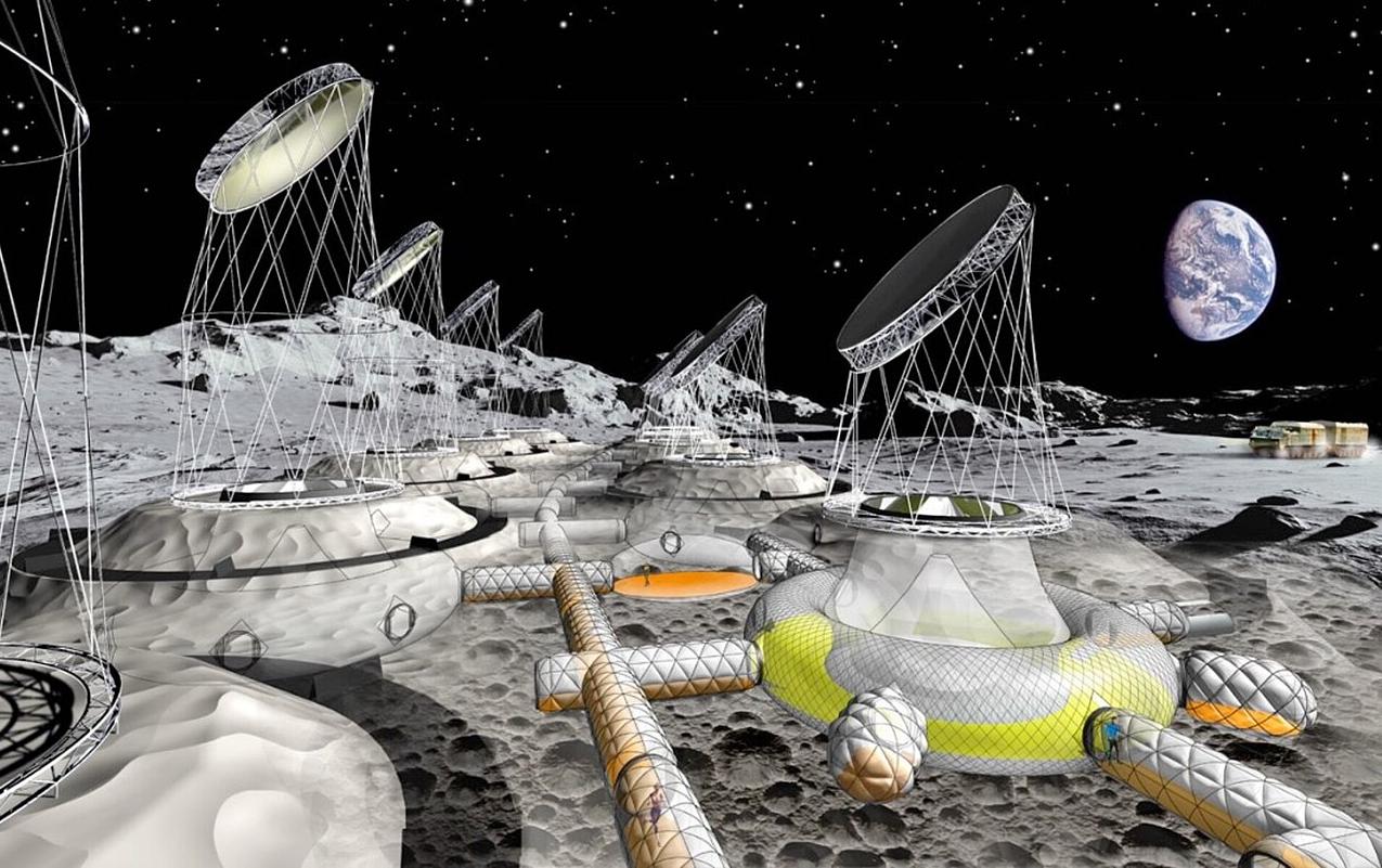 An artist's impression of a future Moon base, assembled from inflatable half-buried habitats with mirrors to reflect sunlight into greenhouses
