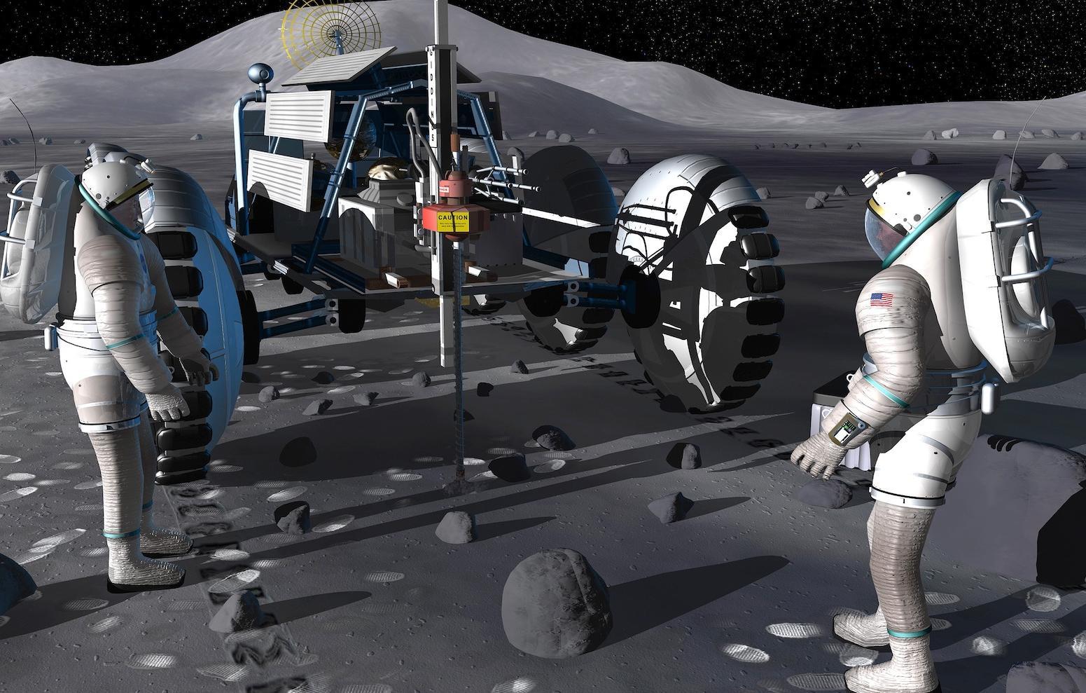 A drill is used to extract a core sample of lunar rock.