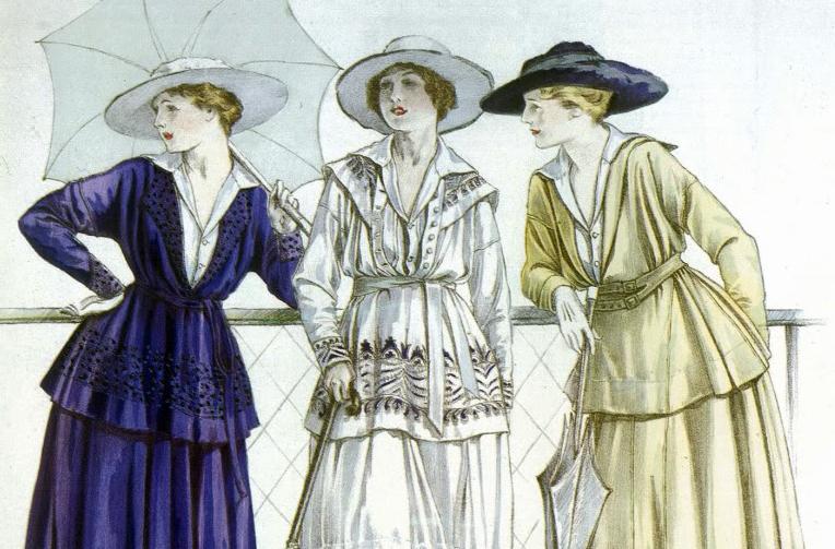 Illustration (March, 1917) showing three women in day outfits by Coco Chanel