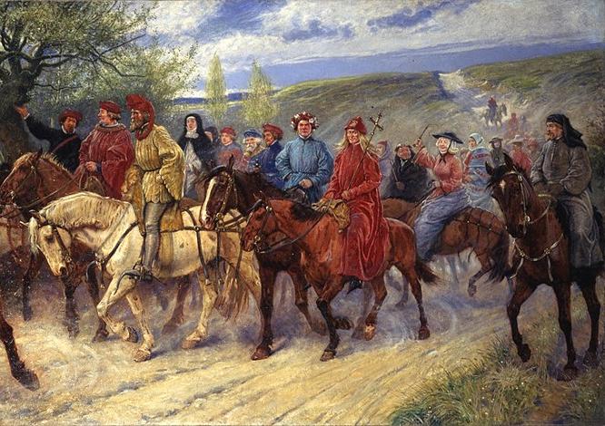A painting depicting a group of pilgrims on their way to Canterbury on horseback.