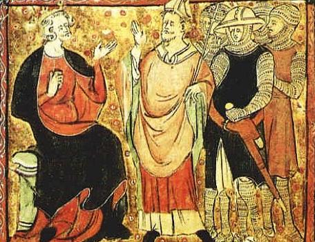 A 14th-century illustration of Becket (centre) with King Henry II (left)