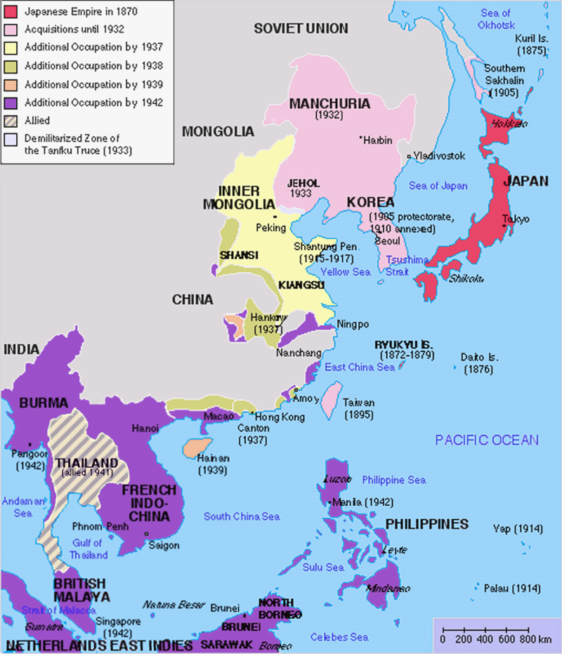Extent of the Japanese empire at its height, 1942