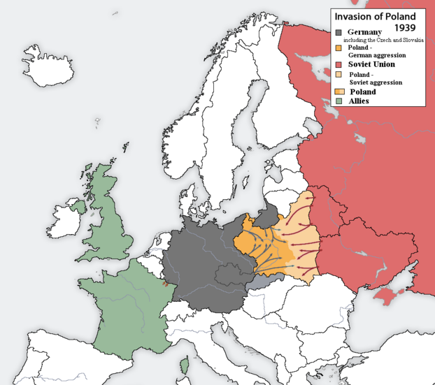 Poland divided between Soviet Union and Germany, Sept 1939