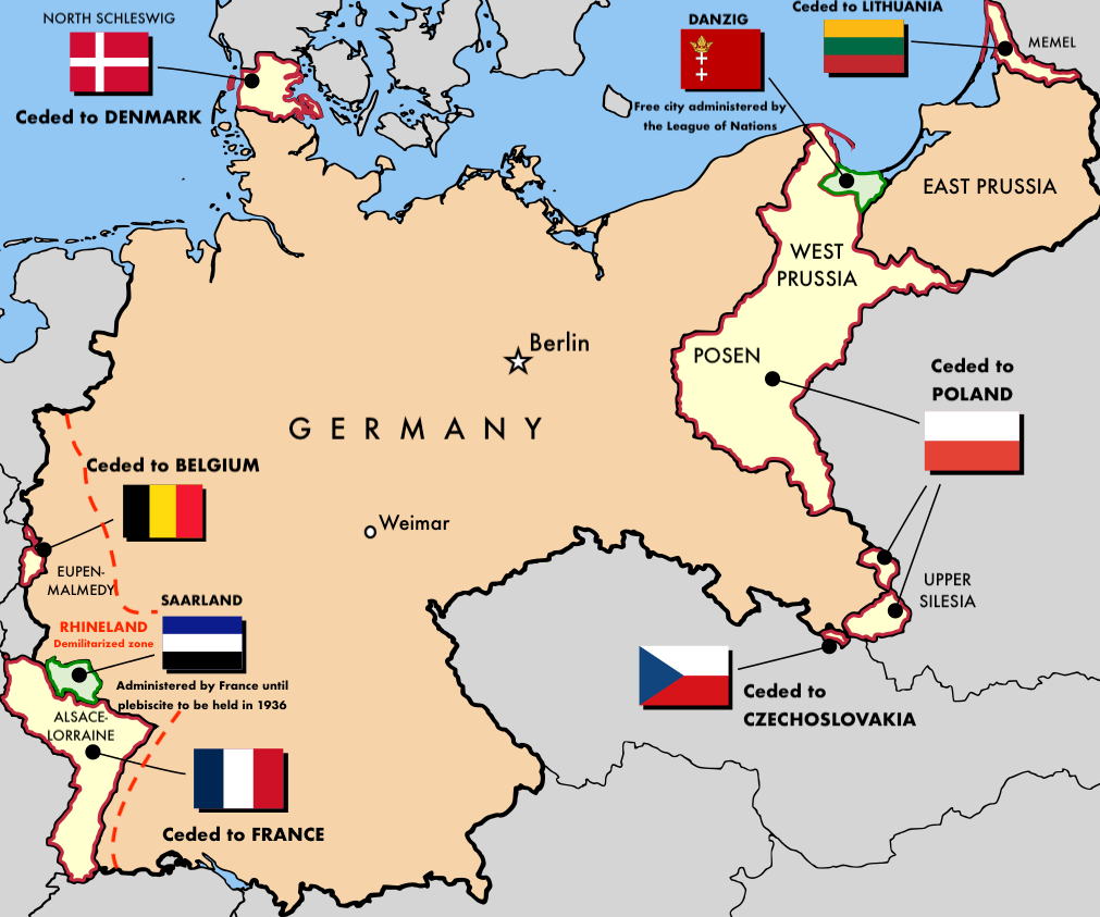 Germany after the Treaty of Versailles, June 1919, showing losses of territory