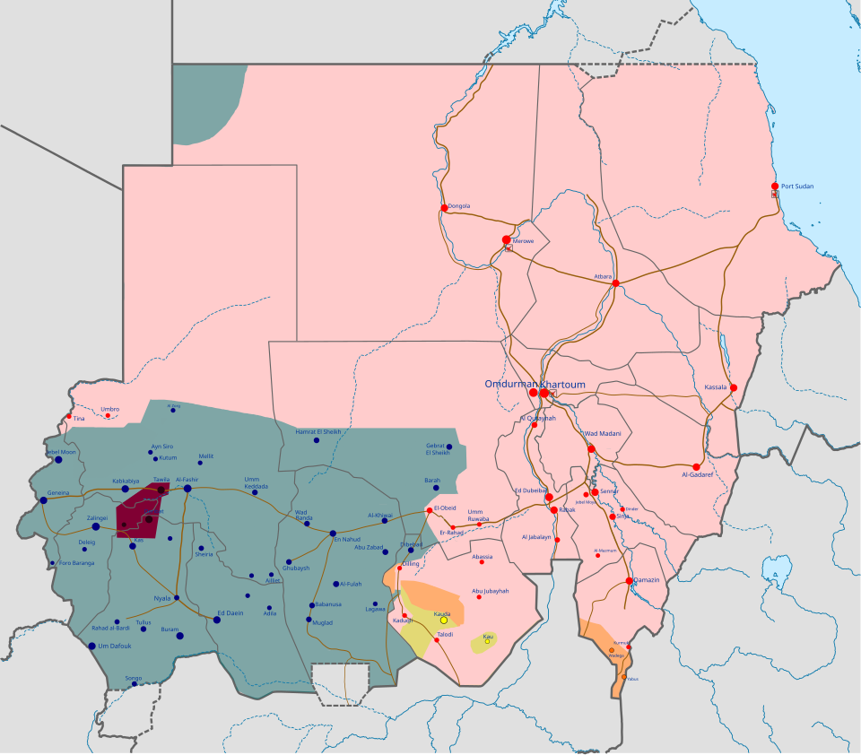 Map of the Sudan War, as of 16th July 2026. Areas controlled by the SAF in pink; by the RSF in green.