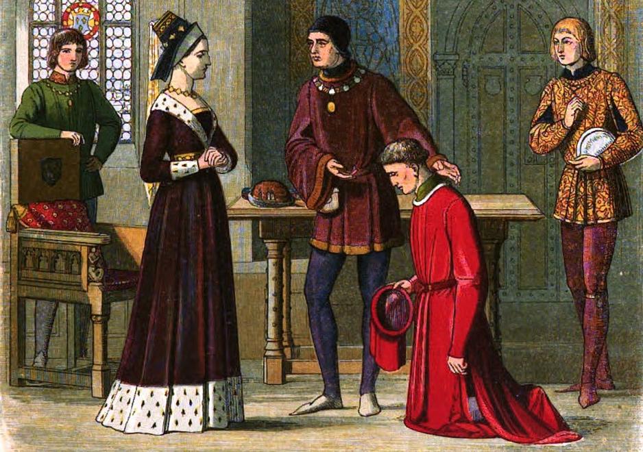Richard Neville, Earl of Warwick, bows before Queen Margaret of Anjou, at their meeting in France in 1470.