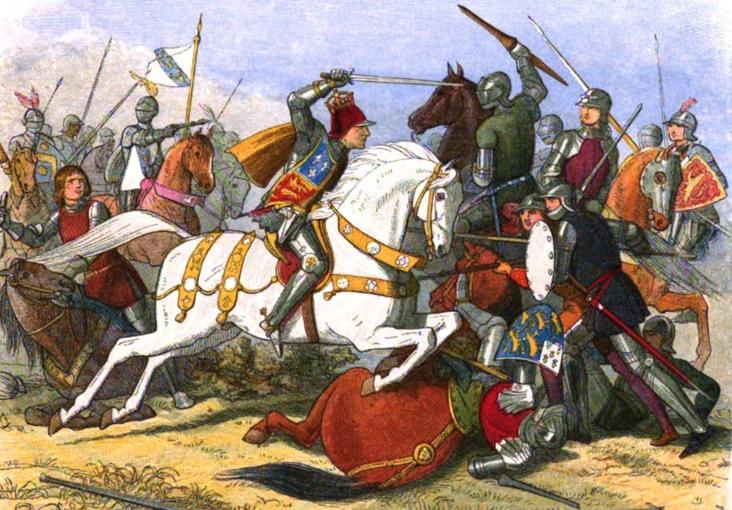 Richard III, on horseback, fighting at Bosworth