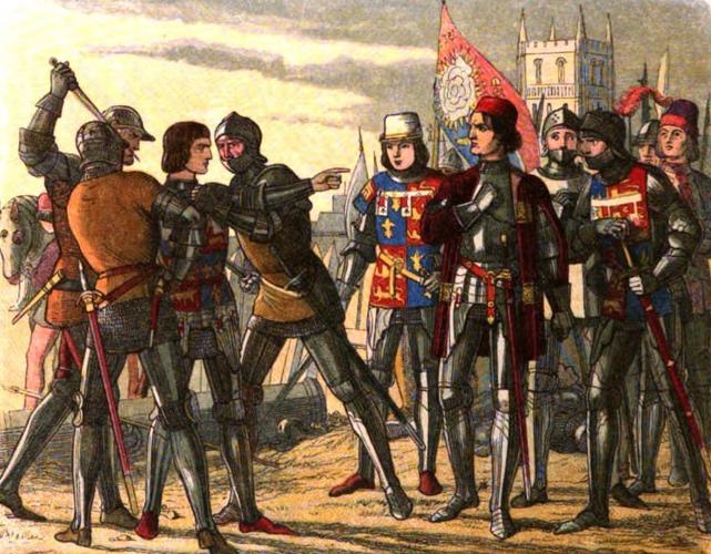 Henry VI’s son, Edward, Prince of Wales, is arrested by Edward IV after the Battle of Tewkesbury in 1471 and killed by his brothers.