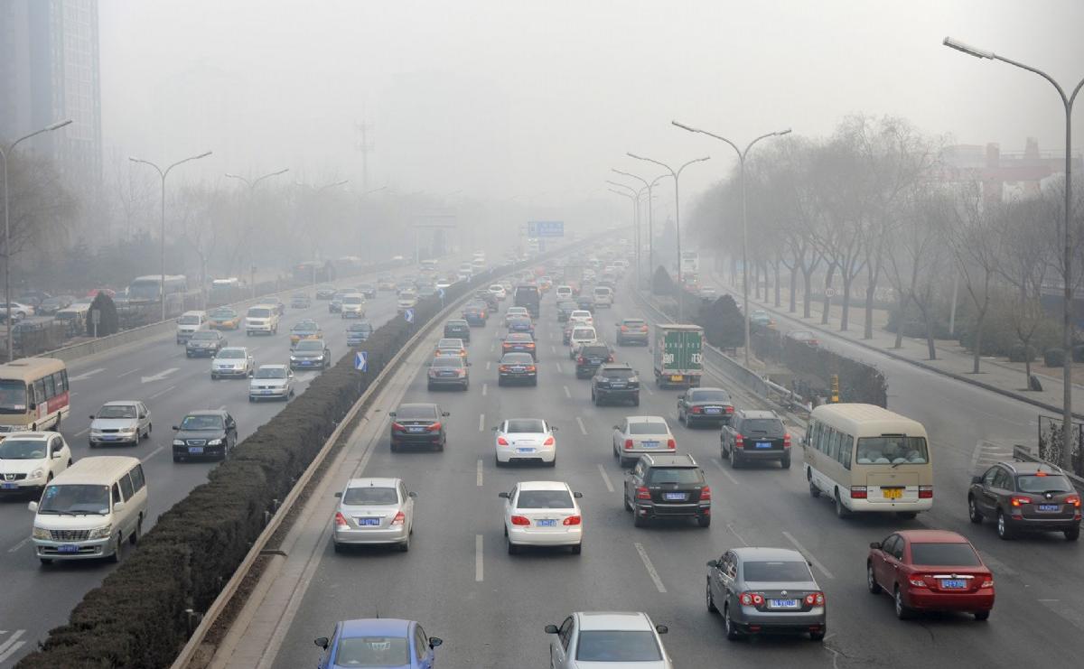 Traffic and smog in Beijing, China