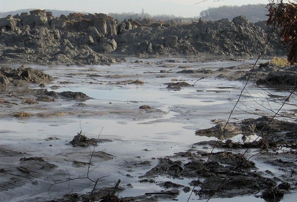 Coal ash slurry contaminated with toxic metals in a river