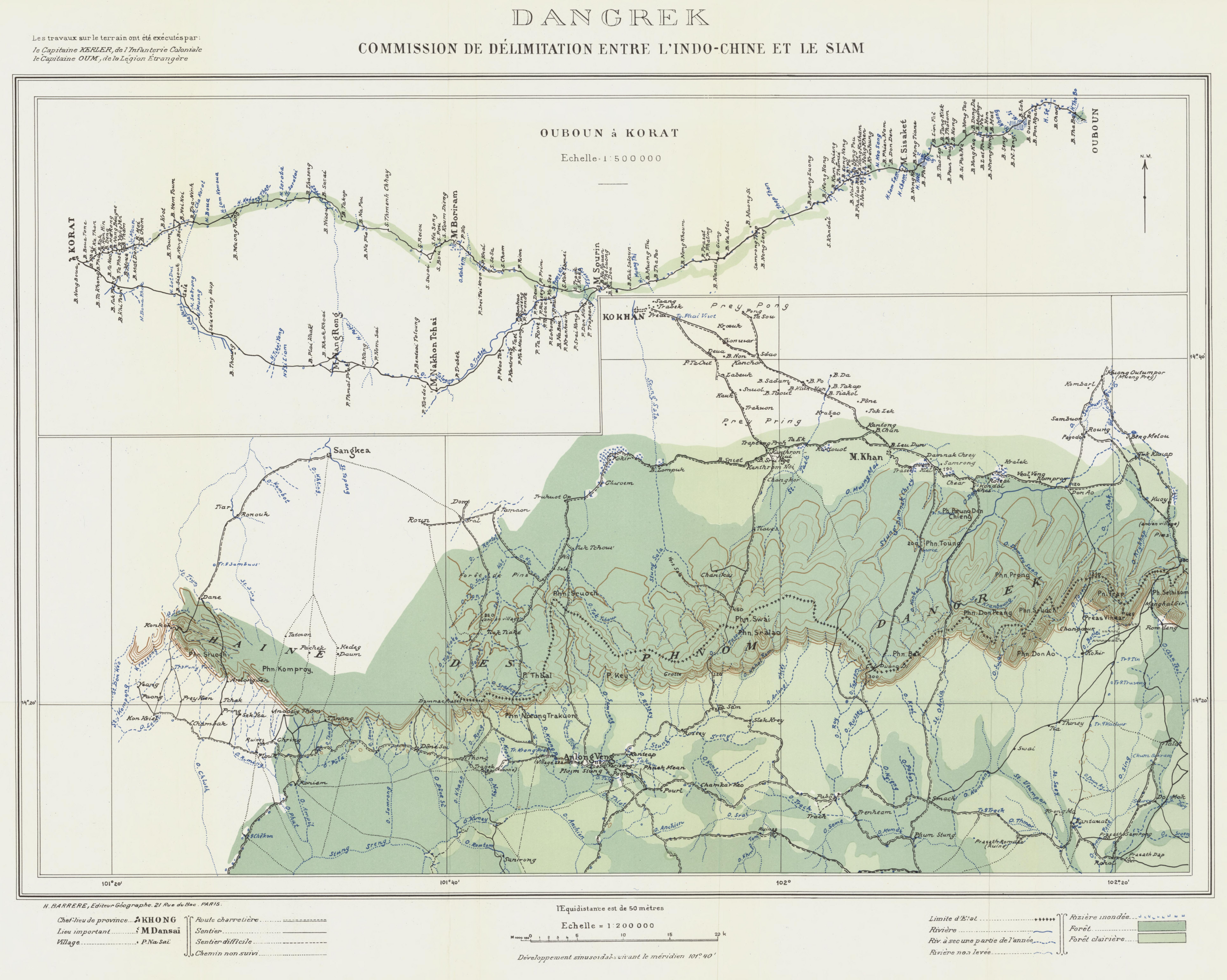 The 1907 Annex I map, showing the boundary between Thailand (then named Siam) and Cambodia running along the watershed in the Dangrek Mountains.