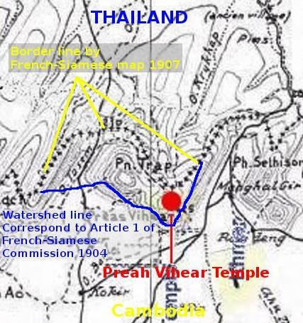Disputed 1907 border at the Temple of Preah Vihear