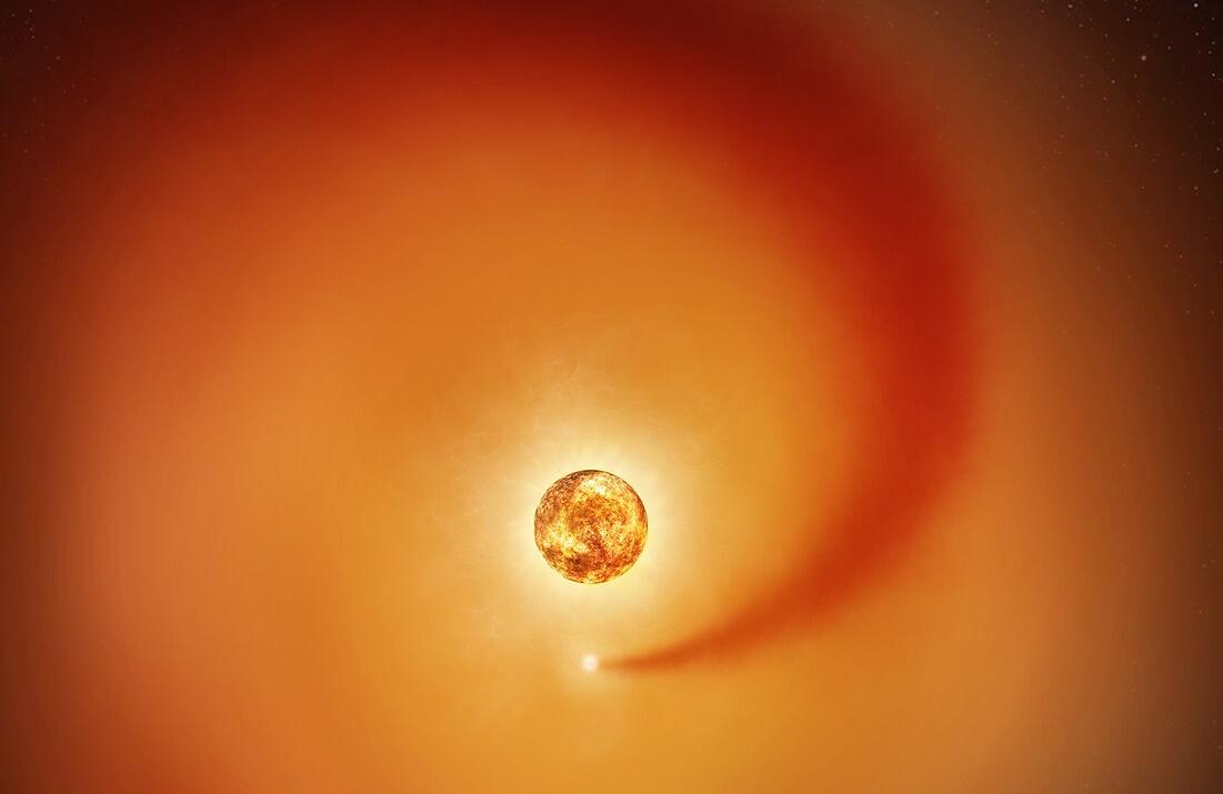Betelgeuse is orbited by a much smaller companion star, which stirs up a dense trail of gas in its wake
