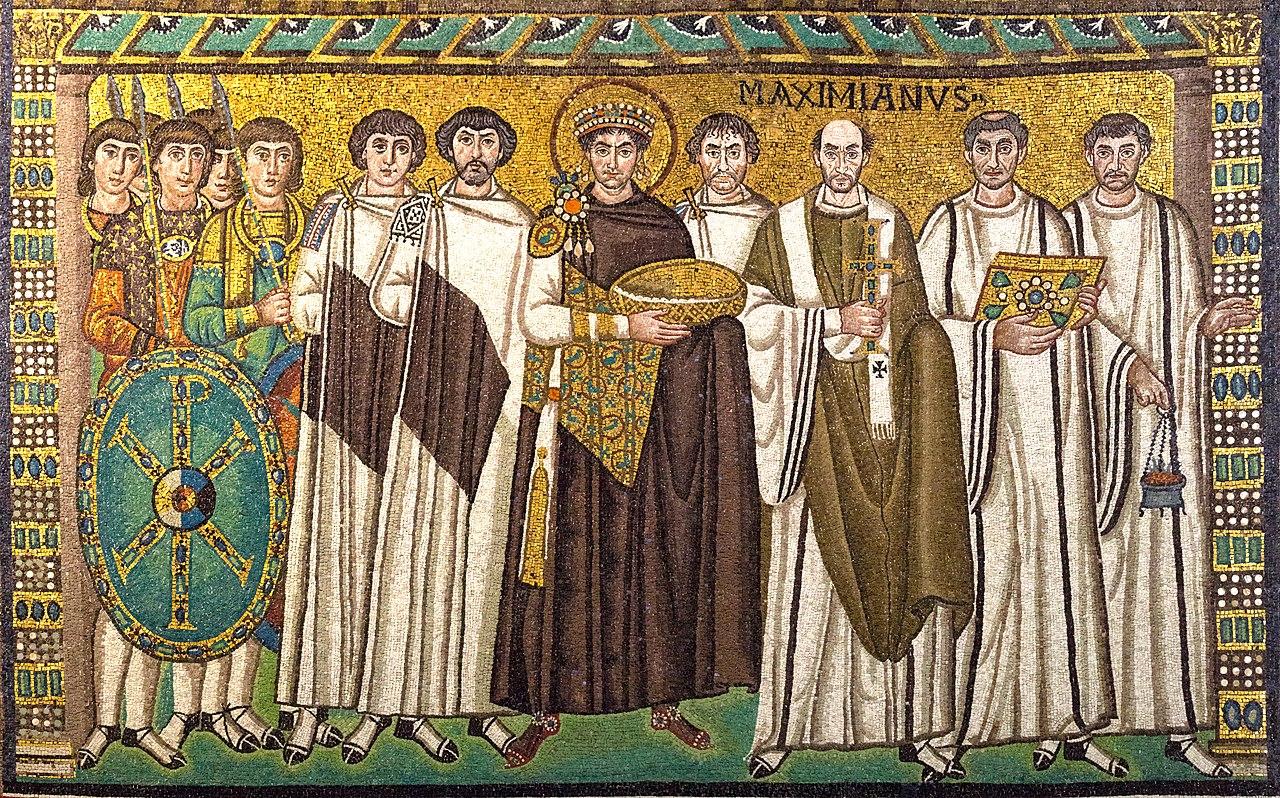 A 6th-century mosaic in Ravenna of Justinian, the bishop Maximianus, and bodyguards and courtiers