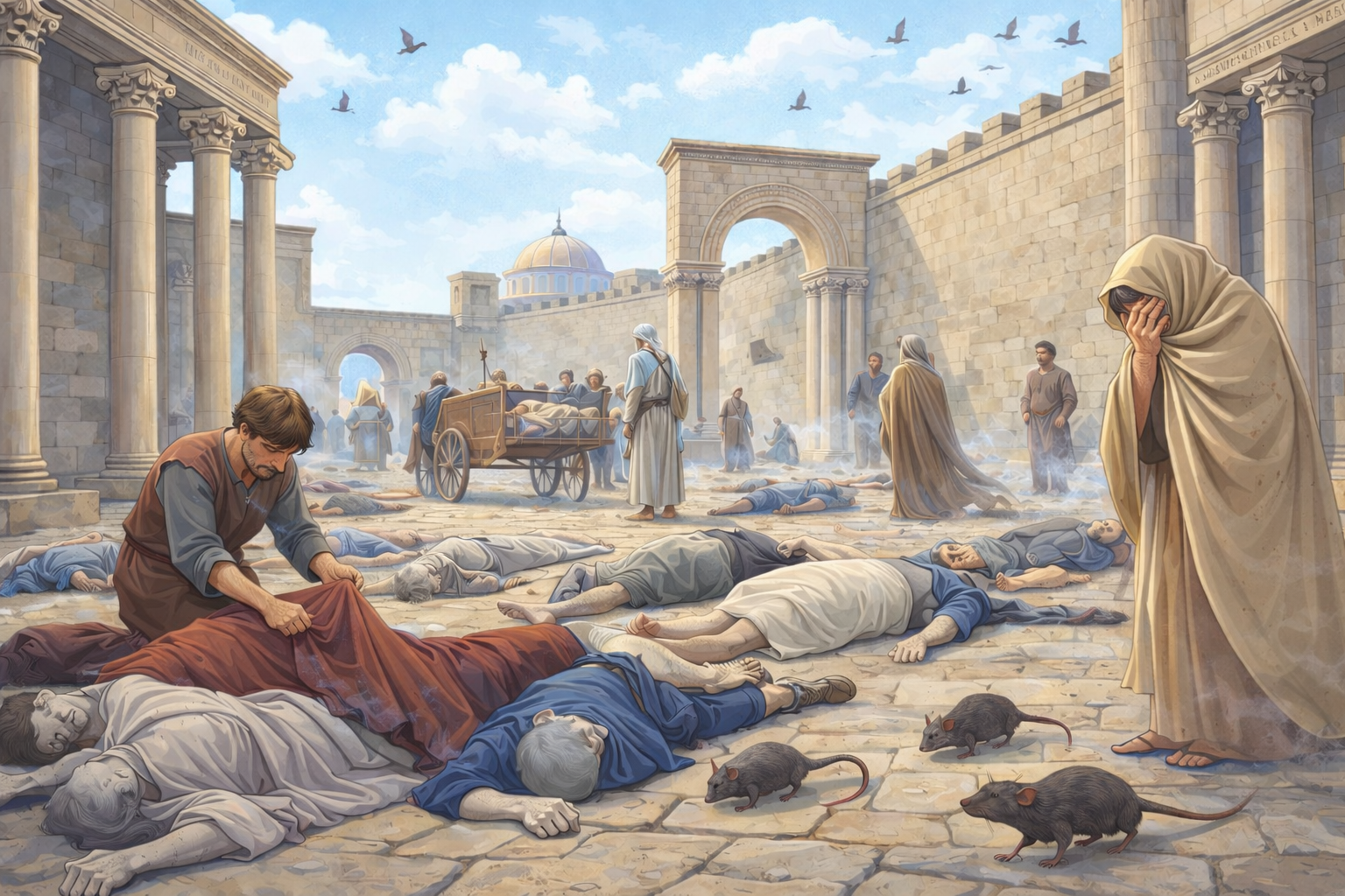 A scene from Gerasa in the 540s, with victims of the Plague of Justinian lying dead in the streets