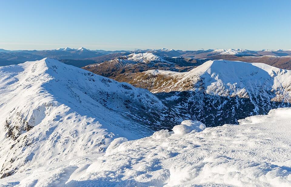 View of the snow-covered Scottish Highlands taken on a winter's day