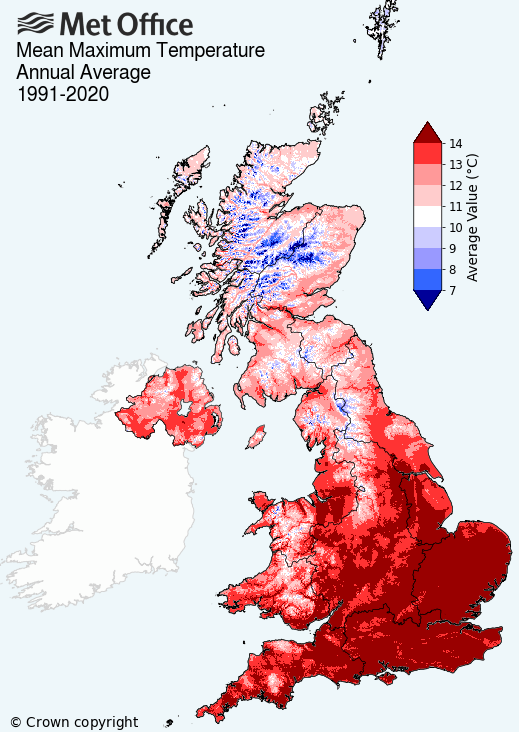 Average annual temperature 1991–2020
