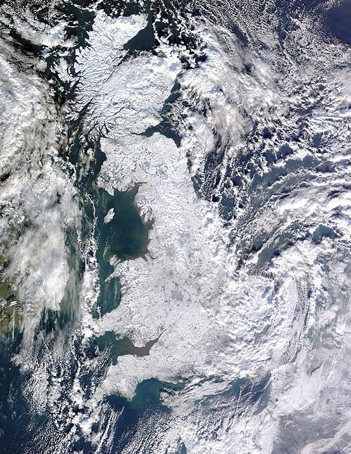 Satellite image of an entirely snow-covered Britain