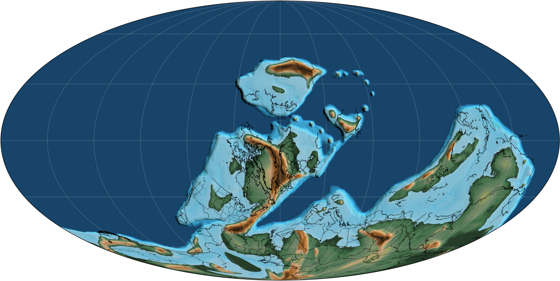 A map of the Earth during the Devonian Period, 390 million years ago. Shallow seas are shown in pale blue.