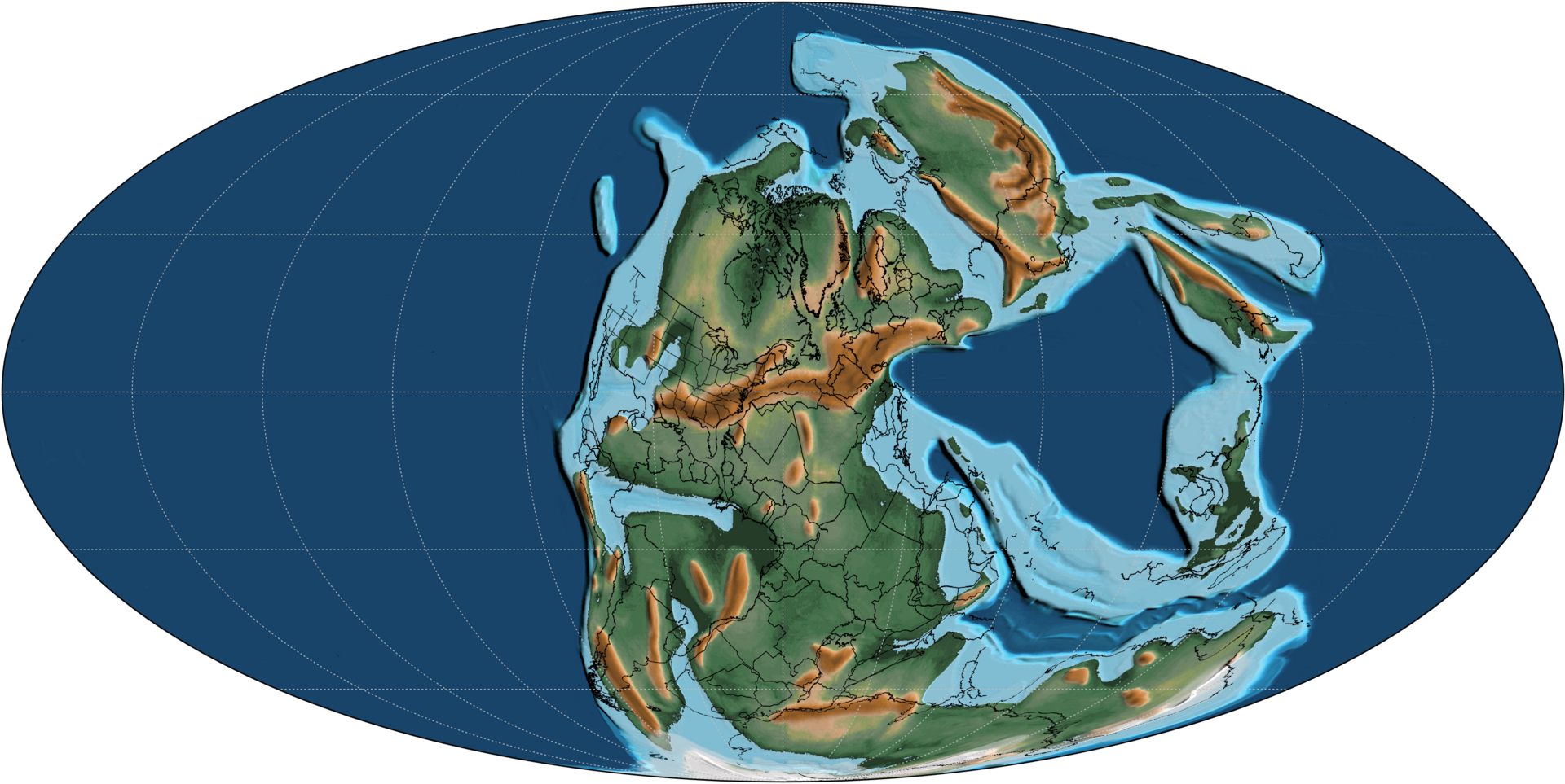 A map of the Earth during the Permian Period, 275 million years ago. Shallow seas are shown in pale blue.