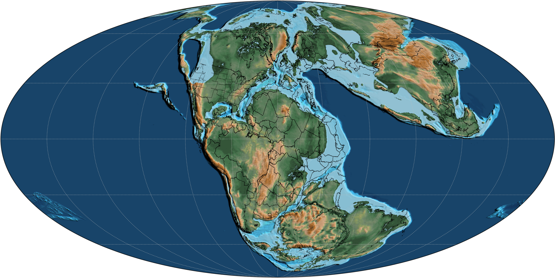 A map of the Earth during the Mid-Jurassic Period, 170 million years ago. Shallow seas are shown in pale blue.