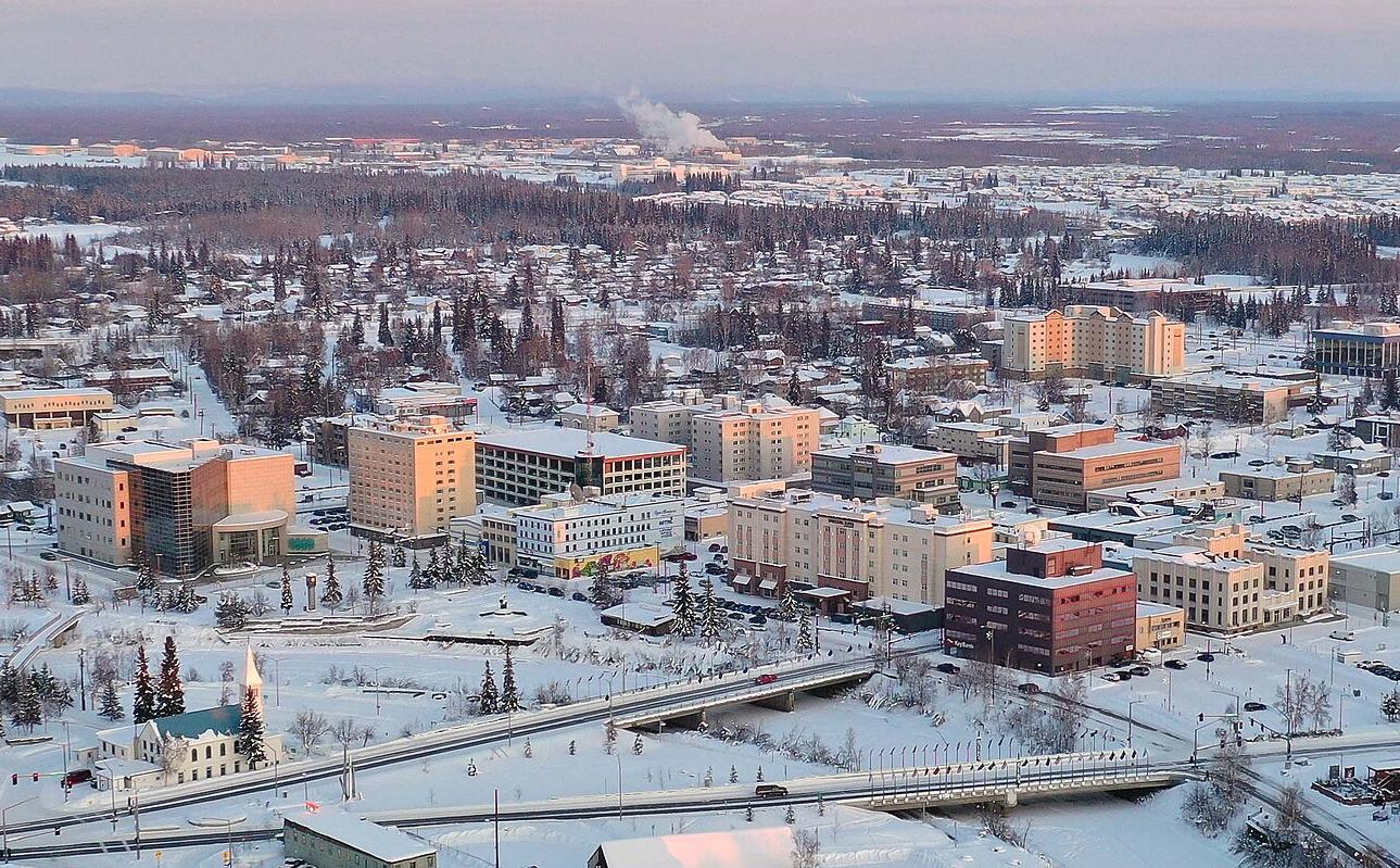 Aerial view of Fairbanks, taken in March 2020