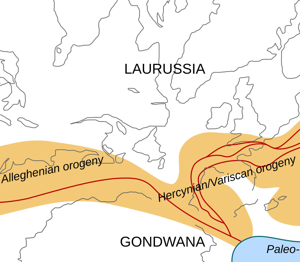 Alleghenian mountain chains (in orange), 330 million years ago