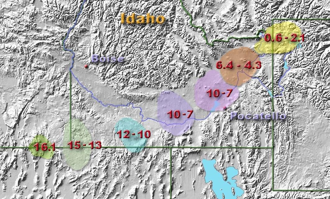 Location of hot spot (currently lying beneath Yellowstone National Park in northwestern Wyoming) in millions of years ago